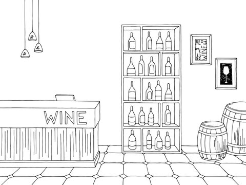 Wine store shop interior black white graphic sketch illustration vector
