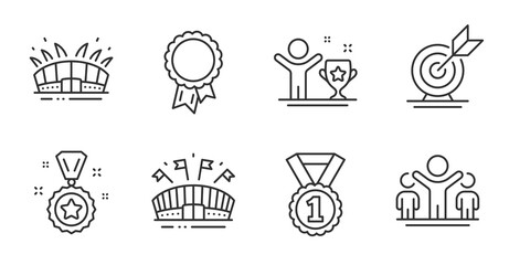 Winner cup, Winner reward and Best rank line icons set. Sports arena, Arena stadium and Target goal signs. Success symbol. Champion, Best award, Success medal. Sports set. Quality line icons. Vector