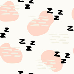 Abstract sleep shapes seamless vector pattern. Painted blob shapes and z marks for sleep. Pastel repeats in pink and black on white. Great for home decor, fabric, wallpaper, stationery, design project