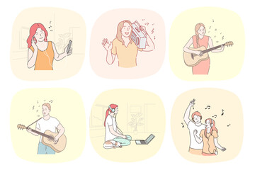 Recreation, antistress, dance, music set concept. Collection of young men women teenagers musicians playing guitar musical instrument singing songs together. Active lifestyle and creative perfomance.
