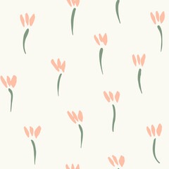 Simple delicate flower seamless vector pattern. Painted small flowers in a random dot pattern. Palette of pink and green on white. Great for home decor, fabric, wallpaper, stationery, design project.
