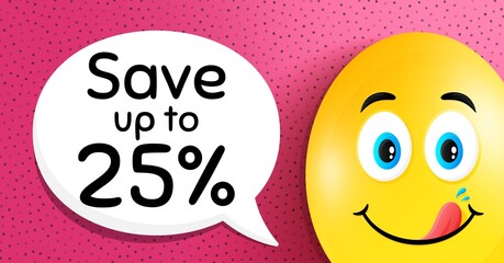 Save up to 25%. Easter egg with yummy smile face. Discount Sale offer price sign. Special offer symbol. Easter smile character. Discount speech bubble. Yummy egg background. Vector