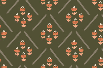 Fototapeta na wymiar Cozy floral quilt seamless vector pattern. Painted flowers forming a motif with lines for a quilted effect. Orange flowers on green. Great for home décor, fabric, wallpaper, stationery, design project