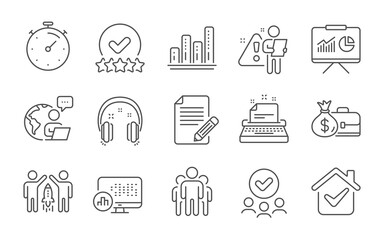 Timer, Presentation and Group line icons set. Typewriter, Report statistics and Rating stars signs. Article, Graph chart and Partnership symbols. Salary, Headphones and Approved group. Vector