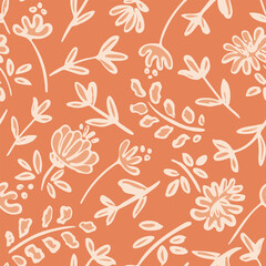 Monochrome flowerbed seamless vector pattern. Line drawing of flowers and leaves scattered to form a repeat in shades of orange. Great for home décor, fabric, wallpaper, stationery, design projects.
