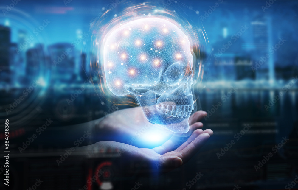 Aufkleber Man hand using digital x-ray skull holographic scan projection 3D rendering