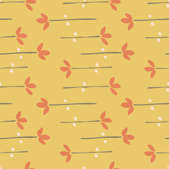 Floral mat stripes seamless vector pattern. Little flower branches laid like horizontal stripe pattern. Orange flowers on yellow. Great for home décor, fabric, wallpaper, stationery, design projects.