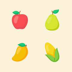 Fruit icon set collection apple pear mango corn white isolated background with color flat cartoon style