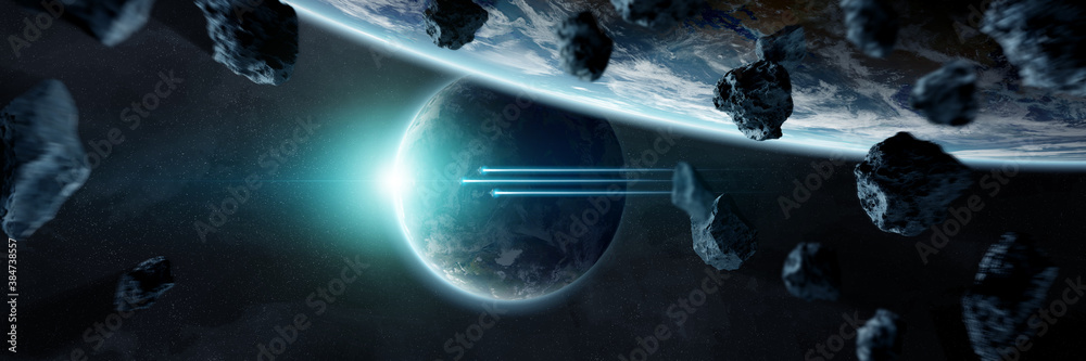 Poster panoramic space planets background. panorama of distant solar system with exoplanets 3d rendering el
