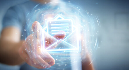 Man using digital email blue holographic interface 3D rendering