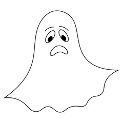 Ghost. Sketch. Vector illustration. Coloring book for children.Drawing on an isolated white background. Doodle style. Halloween symbol. Sad facial expression. Bringing. Frowning grimace. White sheet.