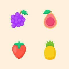 Fruit icon set collection grape guava strawberry pineapple white isolated background with color flat cartoon style