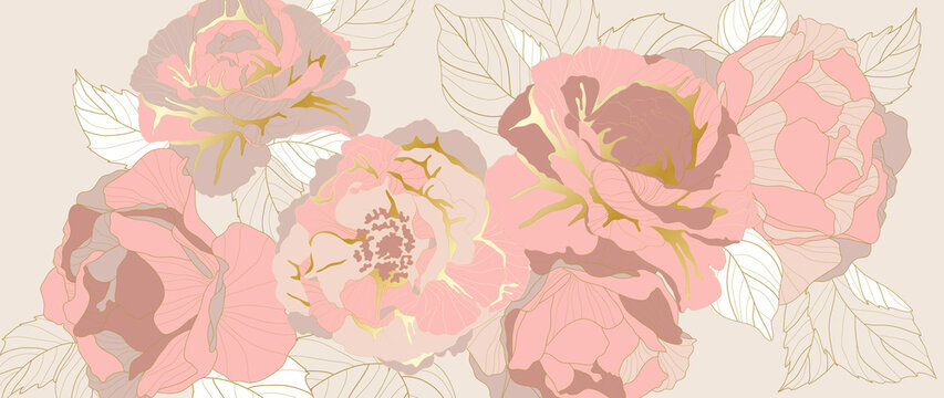 luxury gold rose flower line art wallpaper vector. Exotic botanical background, Lily flower vintage boho style for textiles, wall art, fabric, wedding invitation, cover design Vector illustration..