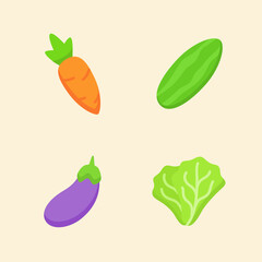 Vegetables icon set collection carrot cucumber eggplant lettuce white isolated background with color flat cartoon style