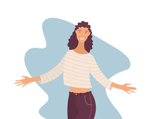 Smiling girl in casual clothes flat vector illustration. Positive, greeting, good mood. Posing young woman, redhead female spreading hands cartoon character isolated on white background