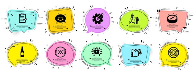 Business icons set. Speech bubble offer banners. Vector coupon badge. Included icon as Targeting, Medical tablet, Security lock signs. Fireworks, Smile chat, Cogwheel symbols. Vector