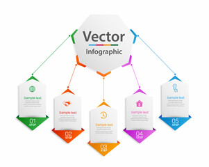 Modern vector  infographic template with 5 steps for business.  Can be used for workflow layout, diagram, annual report, web design. Concept element with 5 options or processes  