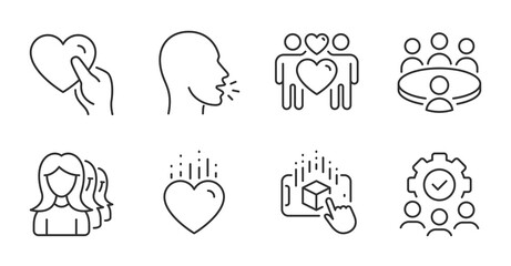 Meeting, Cough and Heart line icons set. Love couple, Augmented reality and Hold heart signs. Teamwork, Women headhunting symbols. Human resource, Coronavirus symptom, Love. People set. Vector