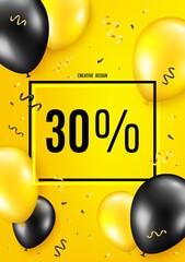30% off Sale. Balloon celebrate background. Discount offer price sign. Special offer symbol. Birthday balloon background. Celebrate yellow banner. Party frame message. Vector