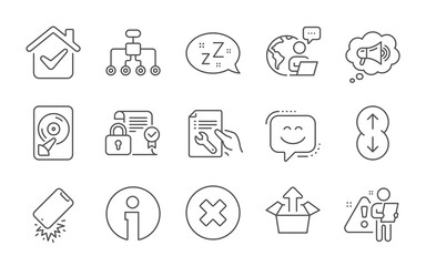 Fototapeta na wymiar Restructuring, Smile face and Security contract line icons set. Sleep, Megaphone and Hdd signs. Close button, Send box and Smartphone broken symbols. Repair document, Scroll down and Info. Vector