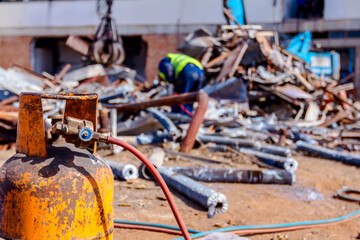 Metal steel gas container with high pressure gauge meter and valves for gas cutting