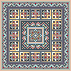 Colorful vector mosaic rug with abstract ethnic geometric ornaments.