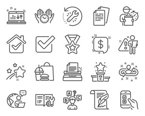 Education icons set. Included icon as Quiz test, Winner podium, Recruitment signs. Sound check, Checkbox, Payment message symbols. Feather, Typewriter, Engineering documentation. Documents. Vector