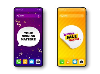 Sale 50% off banner. Phone mockup vector confetti banner. Discount sticker shape. Hot offer icon. Social story post template. Your opinion matters speech buuble. Cell phone frame banner. Vector