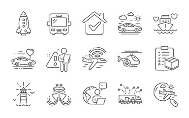 Honeymoon cruise, Search flight and Lighthouse line icons set. Ship, Medical helicopter and Parcel checklist signs. Rocket, Car travel and Airplane wifi symbols. Line icons set. Vector