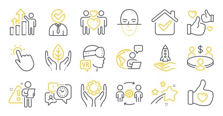 Set of People icons, such as Crowdfunding, Engineering team, Meeting symbols. Like, Employee hand, Time management signs. Love couple, Like hand, Face recognition. Vacancy, Fair trade. Vector