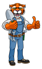 A tiger gardener cartoon gardening animal mascot holding a garden spade tool and giving a thumbs up