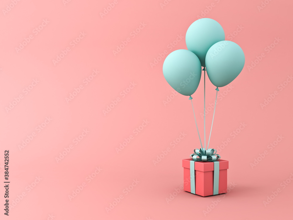 Aufkleber red gift box or present box with light green blue pastel color ribbon bow and balloons isolated on l