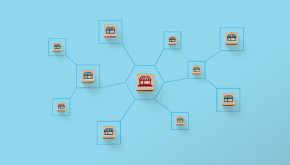 Franchise business marketing system concept. Structure service store network strategy