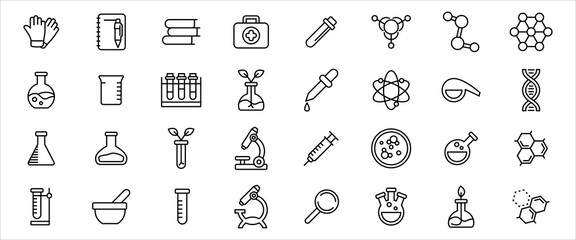 Simple Set of chemistry and physic laboratory stuff Related Vector icon graphic design. Contains such Icons as reaction bottle, atom, microscope, particle, dna helix and glove