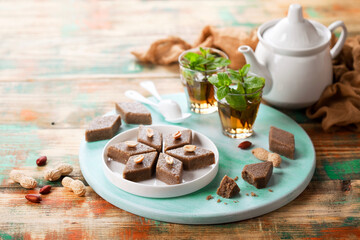 Homemade keto paleo sugar free, seeds and nuts halva, selective focus