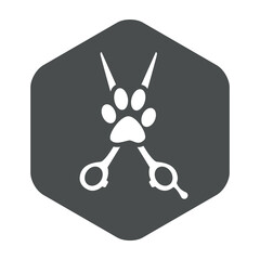 Peluquería de mascotas. Logotipo con tijera de peluquero y zarpa de perro en hexágono color gris