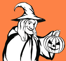 An old smiling  witch in a cloak and hat with an evil Halloween pumpkin (Jack'o Lantern)
