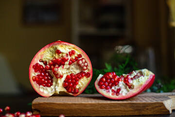 pomegranate red fruit sweet christmas dessert on the table new year tasty treat serving size top view copy space for text food background rustic