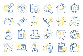 Medical healthcare, doctor line icons. Drug testing, scientific discovery and disease prevention signs. Chemical formula, medical doctor research, chemistry testing lab icons. Line icon set. Vector