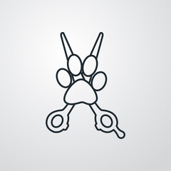 Peluquería de mascotas. Logotipo lineal con tijera de peluquero y zarpa de perro en fondo gris