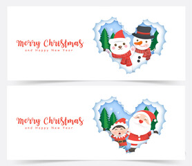 Set of Christmas banners with santa claus and friends in paper cut and craft style.