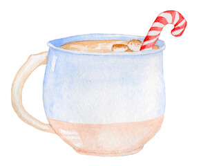 Light blue Winter Mug with hot chocolate, melted marshmallows and candy cane. Isolated on white. Hand-drawn watercolor element. Perfect for New Year cards, Christmas greeting card, poster or print.