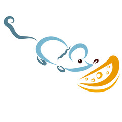 blue mouse sniffs a piece of cheese with holes