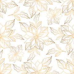 Fototapeta na wymiar Hand drawn seamless pattern with golden bouquet of poansettia