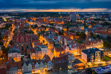 Fototapeta na wymiar Aerial view of the Gdansk city over Motlawa river with amazing architecture at dusk, Poland