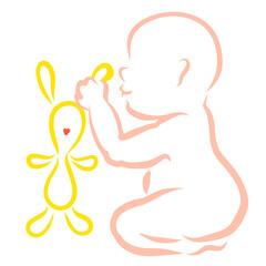 little child playing with yellow toy hare