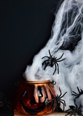 Scary background, panic spiders around, cobwebs and halloween pumpkin, representing the famous holiday in October