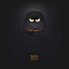 Happy Halloween Card Template - Creepy Face with Glowing Eyes and Scary Smile in the Dark - Vector Illustration