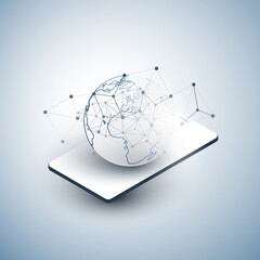 Abstract Minimal Style Cloud Computing, Networks Structure, Telecommunications Concept Design, Network Connections, Transparent Geometric Mesh - Vector Illustration