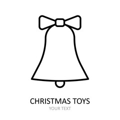 Vector outline icon with Christmas toys  - bell with bow. White silhouette with black line.